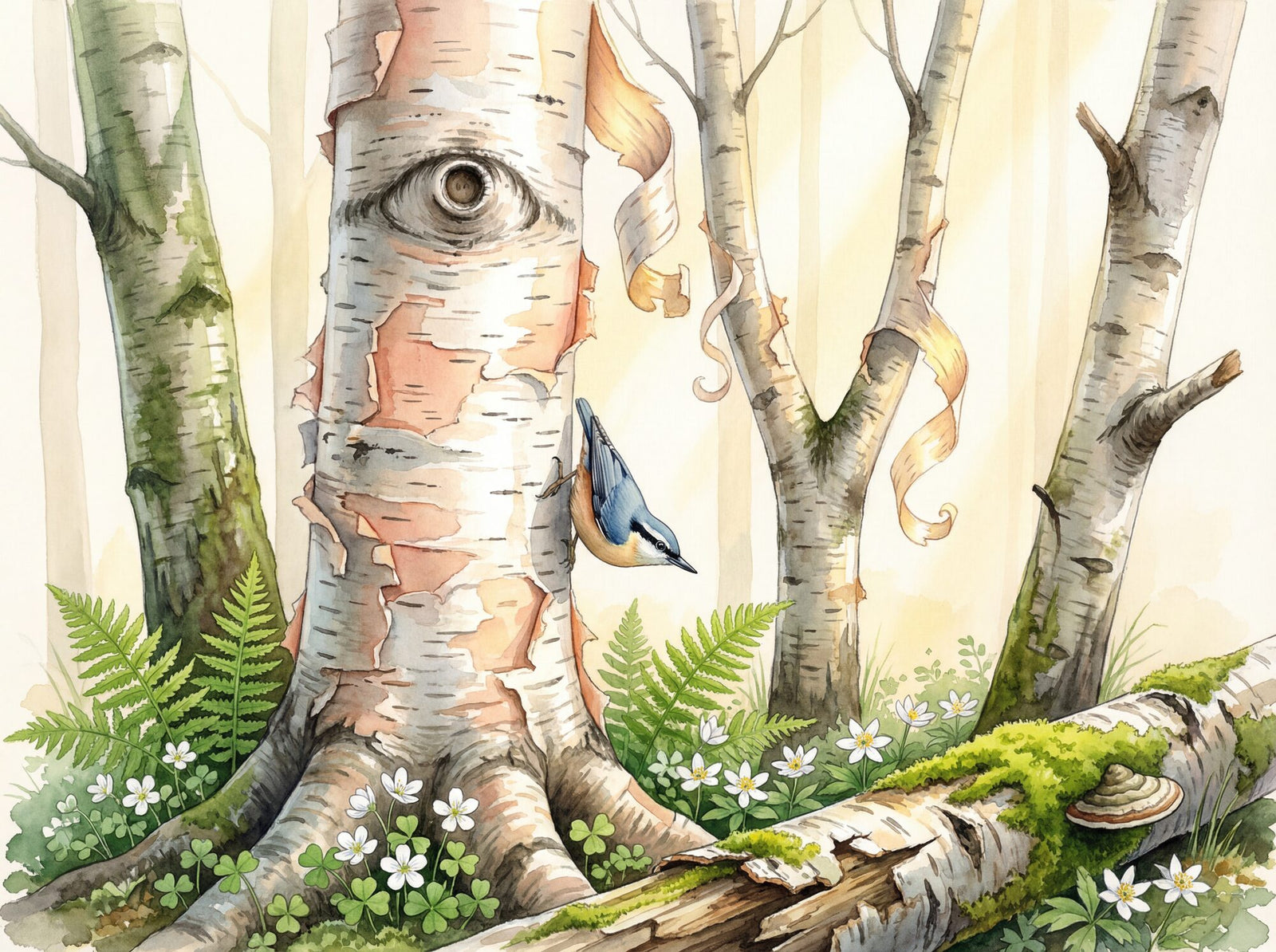 Watercolour woodland mural of white birch trunks in close portrait, peeling bark revealing salmon beneath, a nuthatch at mid-height, fern and wood anemone undergrowth, and a mossy fallen log