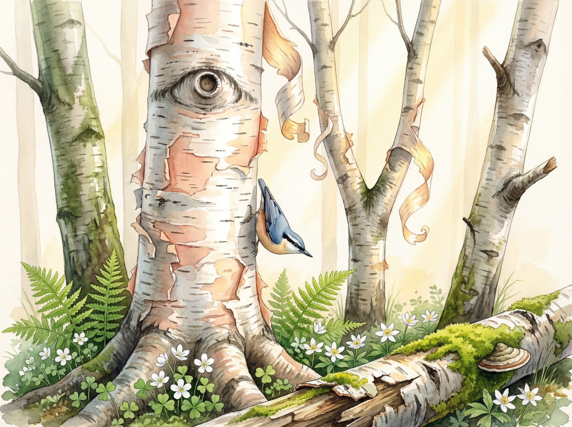 Watercolour woodland mural of white birch trunks in close portrait, peeling bark revealing salmon beneath, a nuthatch at mid-height, fern and wood anemone undergrowth, and a mossy fallen log