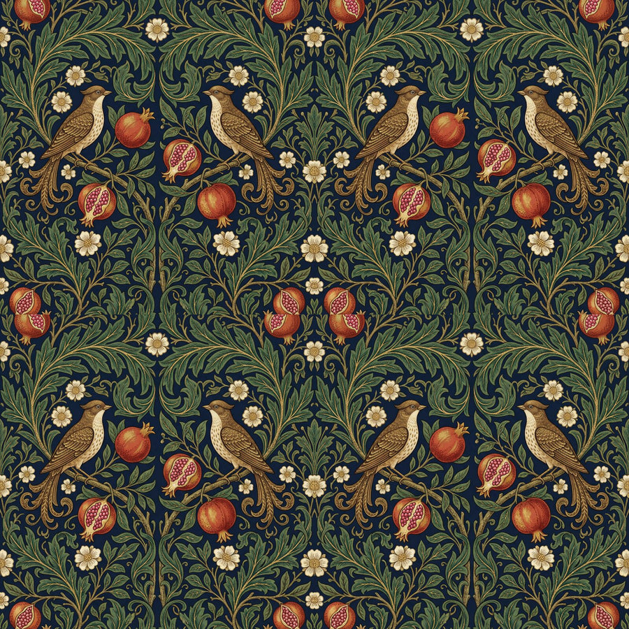 Immerse yourself in the heraldic abundance of this deep blue Bird and Pomegranate mural wallpaper. Rich reds, greens & golds. Made to order.