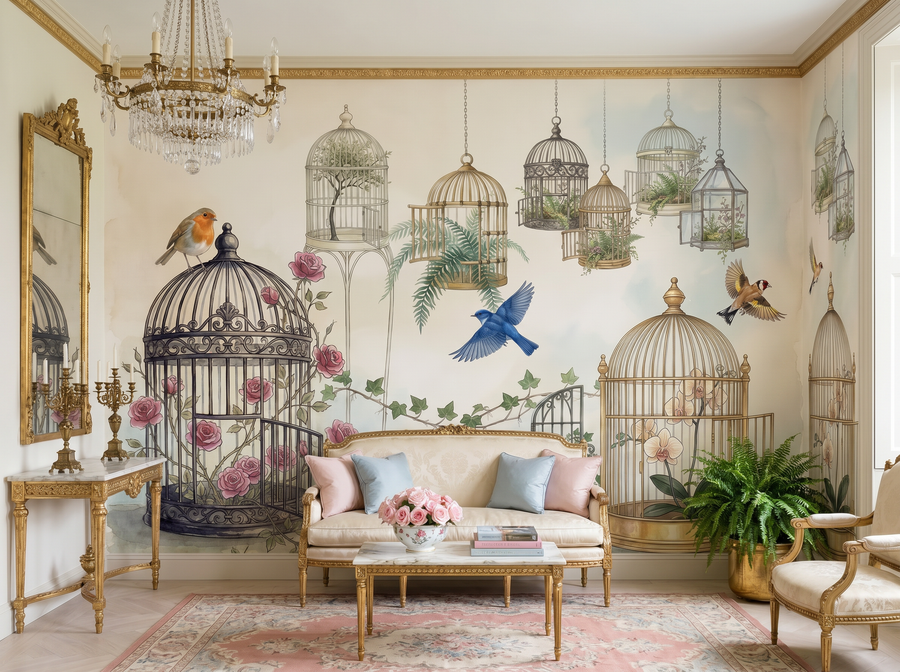Bird Cage Garden scenic wallpaper mural on the feature wall of an English-country living room, in a verdant green palette — The Wall Shawl.