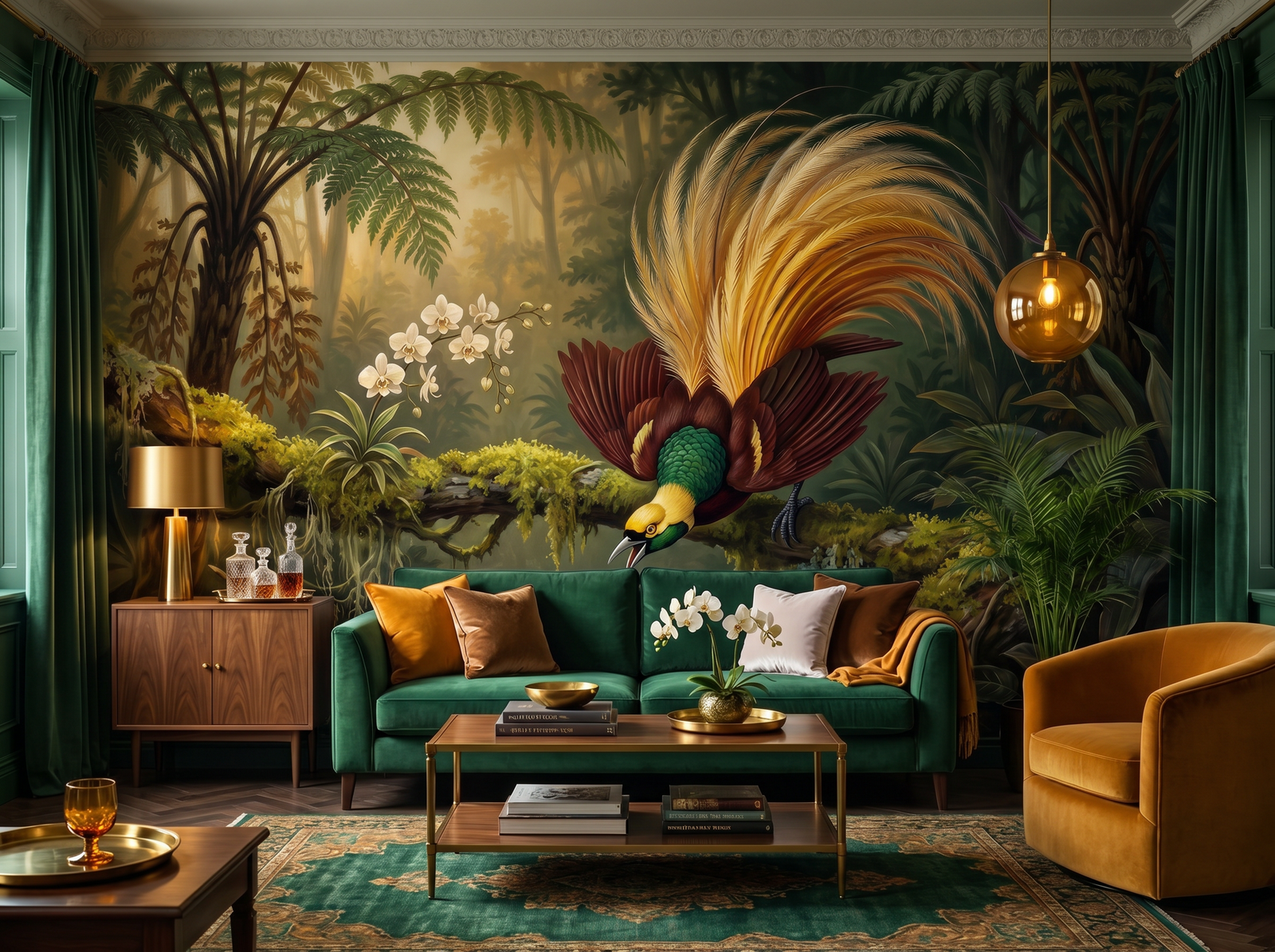 Bird of Paradise Display scenic wallpaper mural on the feature wall of an English-country study, in a golden yellow-and-ochre palette — The Wall Shawl.