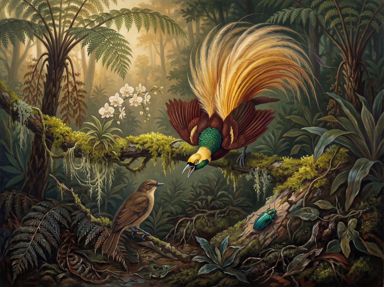 Vibrant bird of paradise mural with gold, sienna, and emerald hues. Made to order.