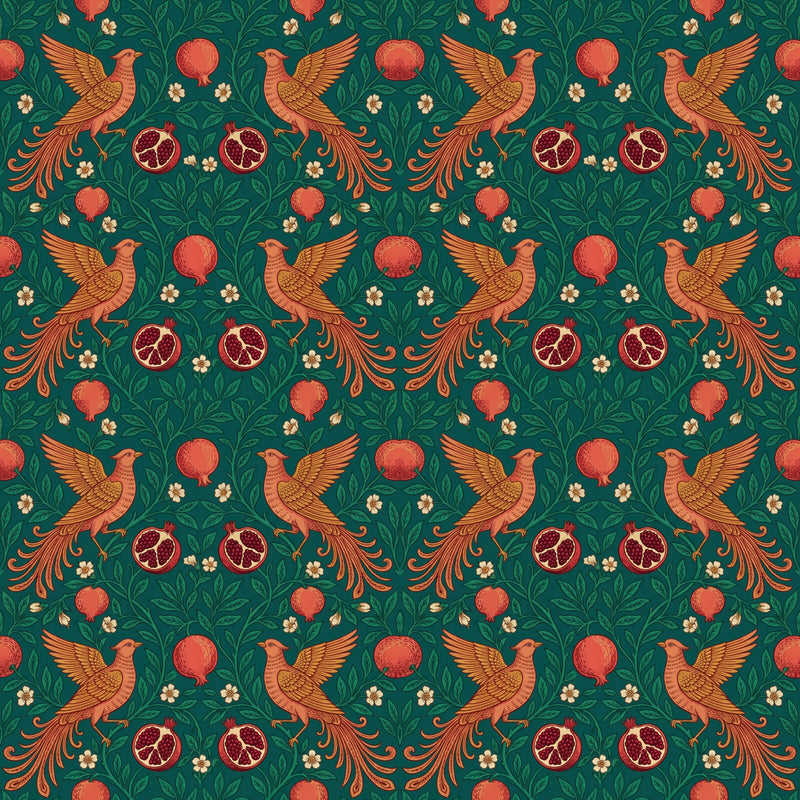 Bird & Pomegranate Teal — Mural Wallpaper