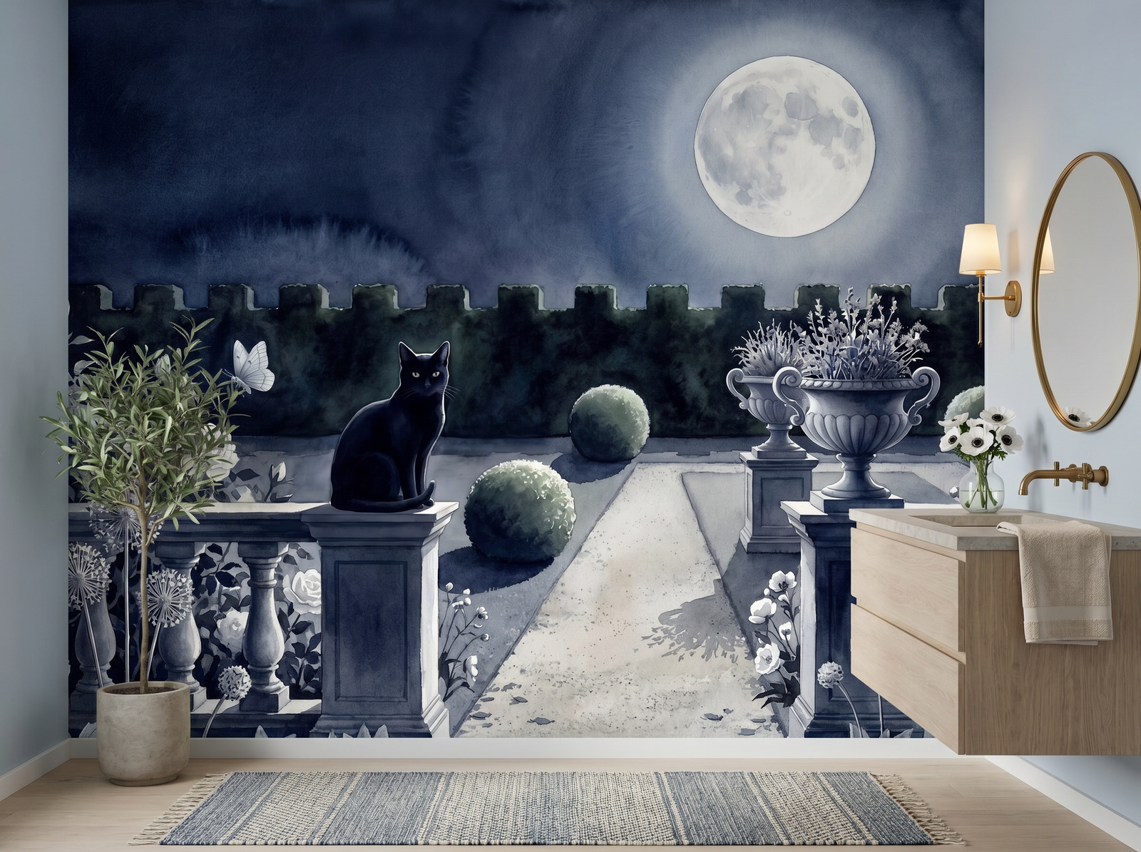 Black Cat Garden scenic wallpaper mural on the feature wall of an English-country dining room, in a moody black-and-charcoal palette — The Wall Shawl.