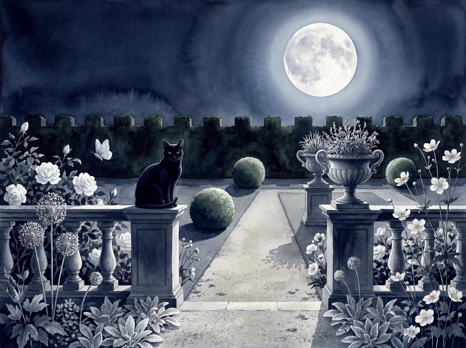 Scenic mural wallpaper in Cat Black, Moon Silver, and Yew Dark. Made to order.