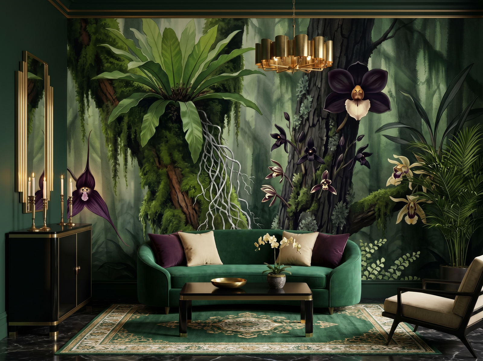 Black Orchid Forest scenic wallpaper mural on the feature wall of a biophilic living room, in a moody black-and-charcoal palette — The Wall Shawl.