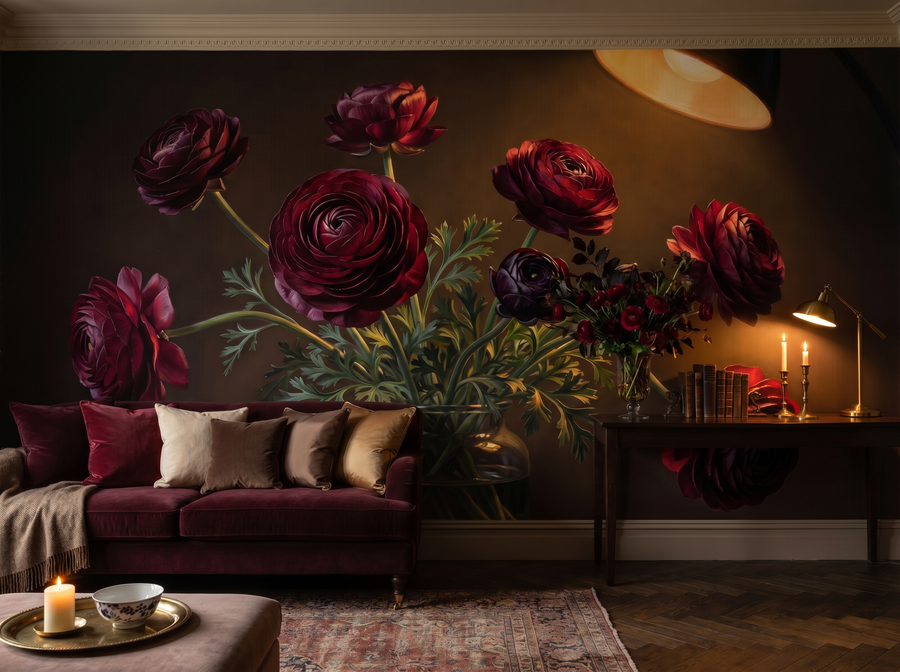 Black Ranunculus scenic wallpaper mural on the feature wall of an English-country bedroom, in a moody black-and-charcoal palette — The Wall Shawl.