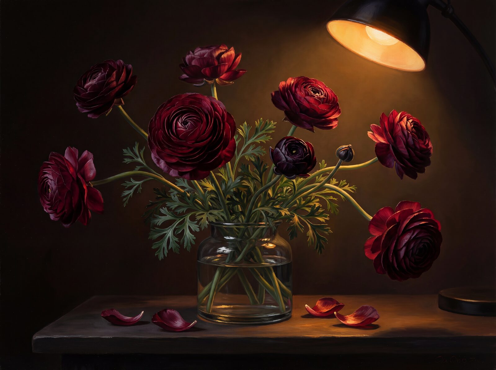 Immerse yourself in the intense beauty of Black Ranunculus. A dense, layered floral mural in burgundy-black and deep wine reds. Made to order.