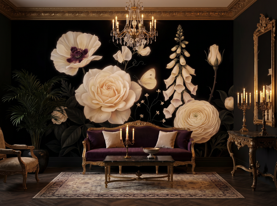 Black Velvet Garden scenic wallpaper mural on the feature wall of a dark-academia entrance hall, in a moody black-and-charcoal palette — The Wall Shawl.