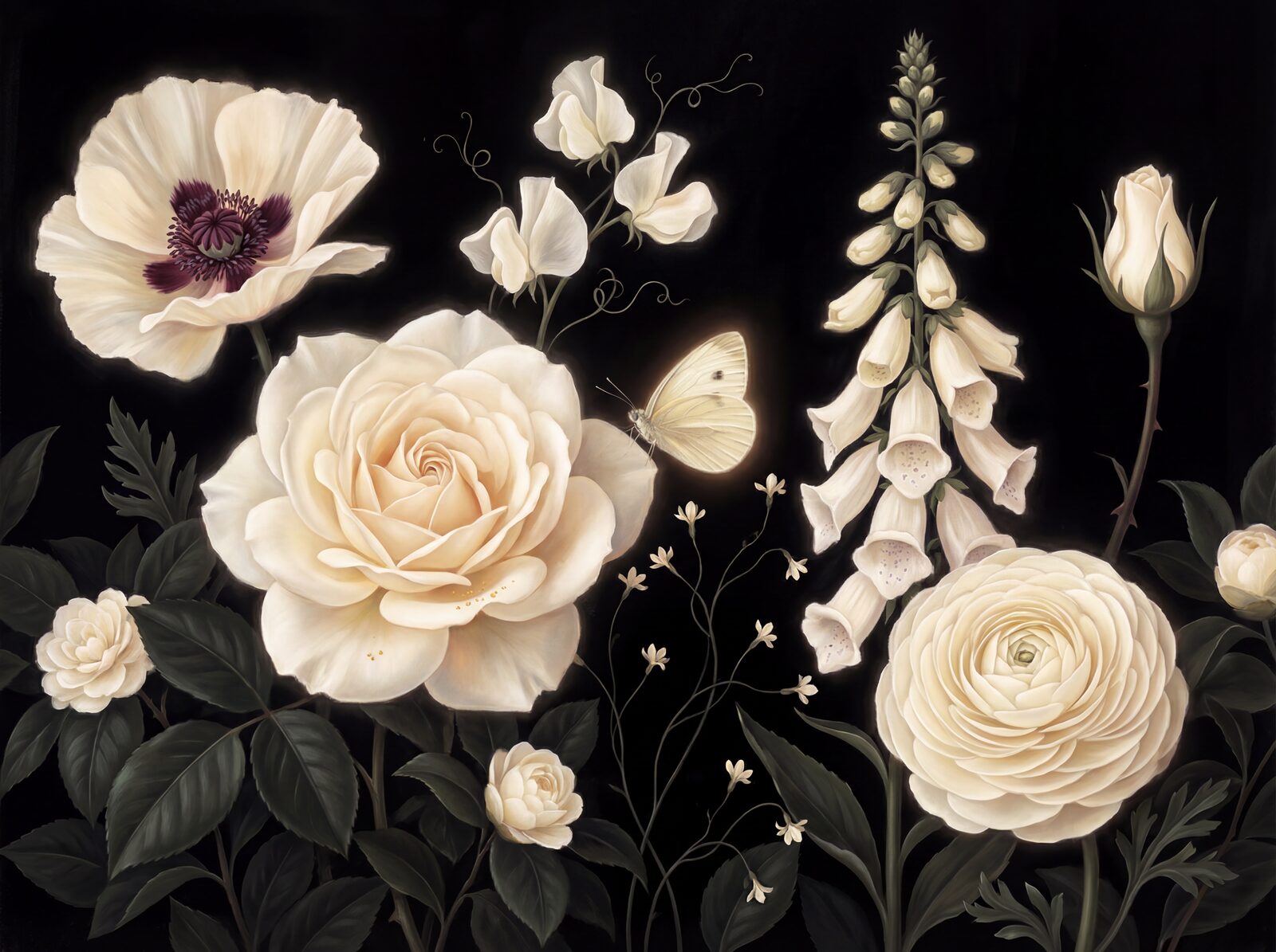 Pristine white flowers on absolute black background. Palette includes Petal Glow, Bone Shadow, and Ghost Lavender. Made to order.