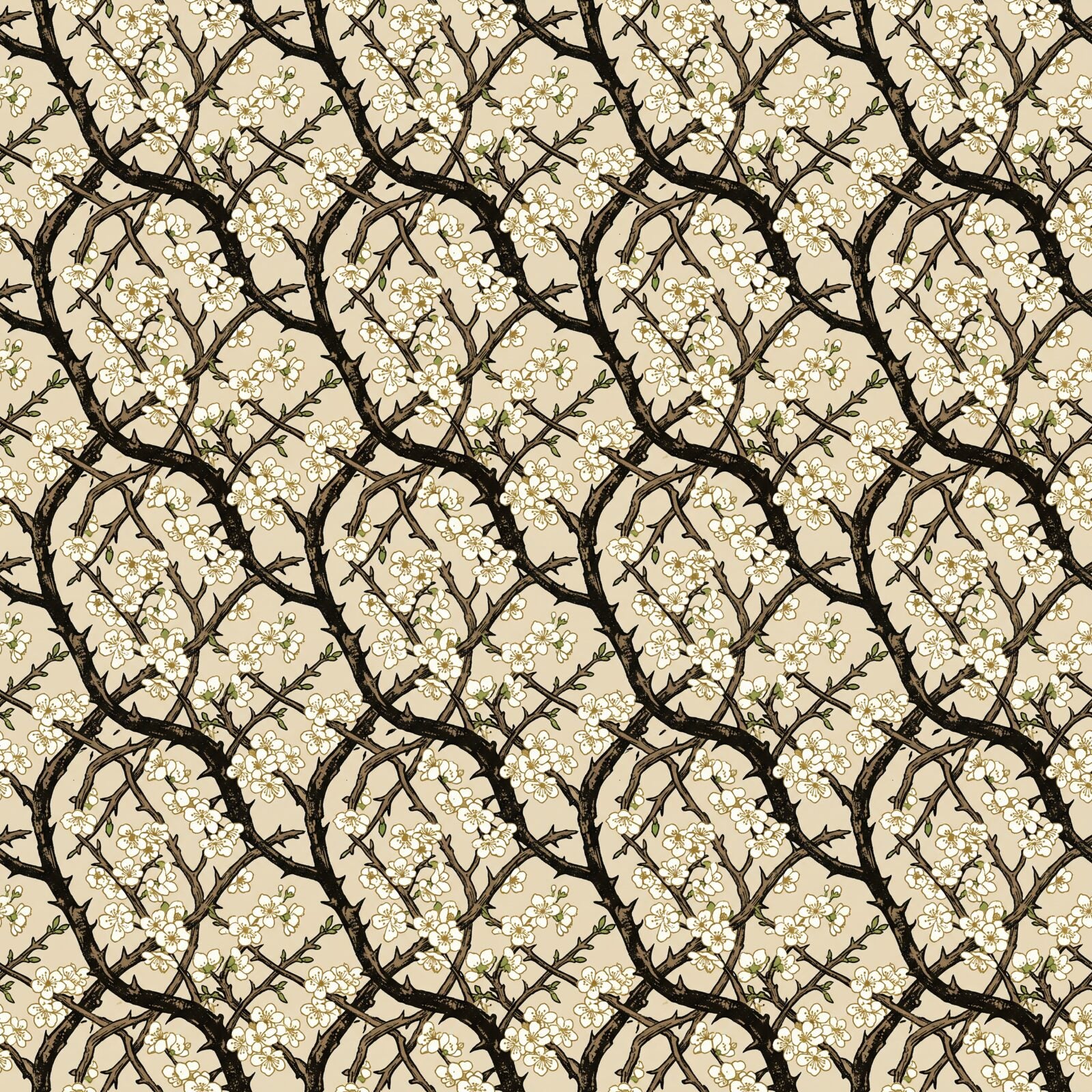 Immerse yourself in the stark beauty of an English hedgerow in bloom with our Blackthorn Hedge mural. White blossom, dark branches, parchment ground. Made to order.