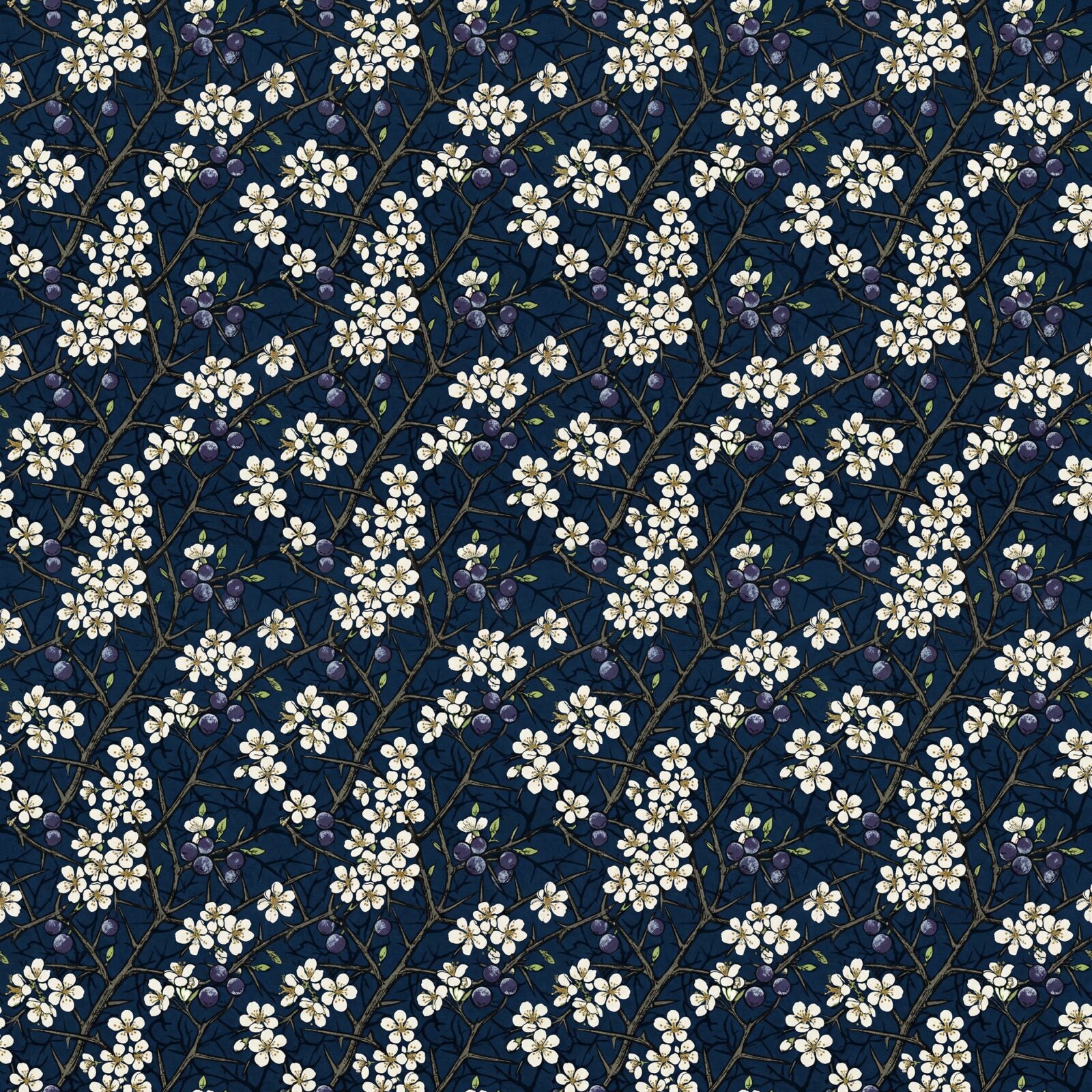 Reimagined Morris & Co. Blackthorn pattern on a deep indigo ground with white blossoms and dark berries. Made to order.