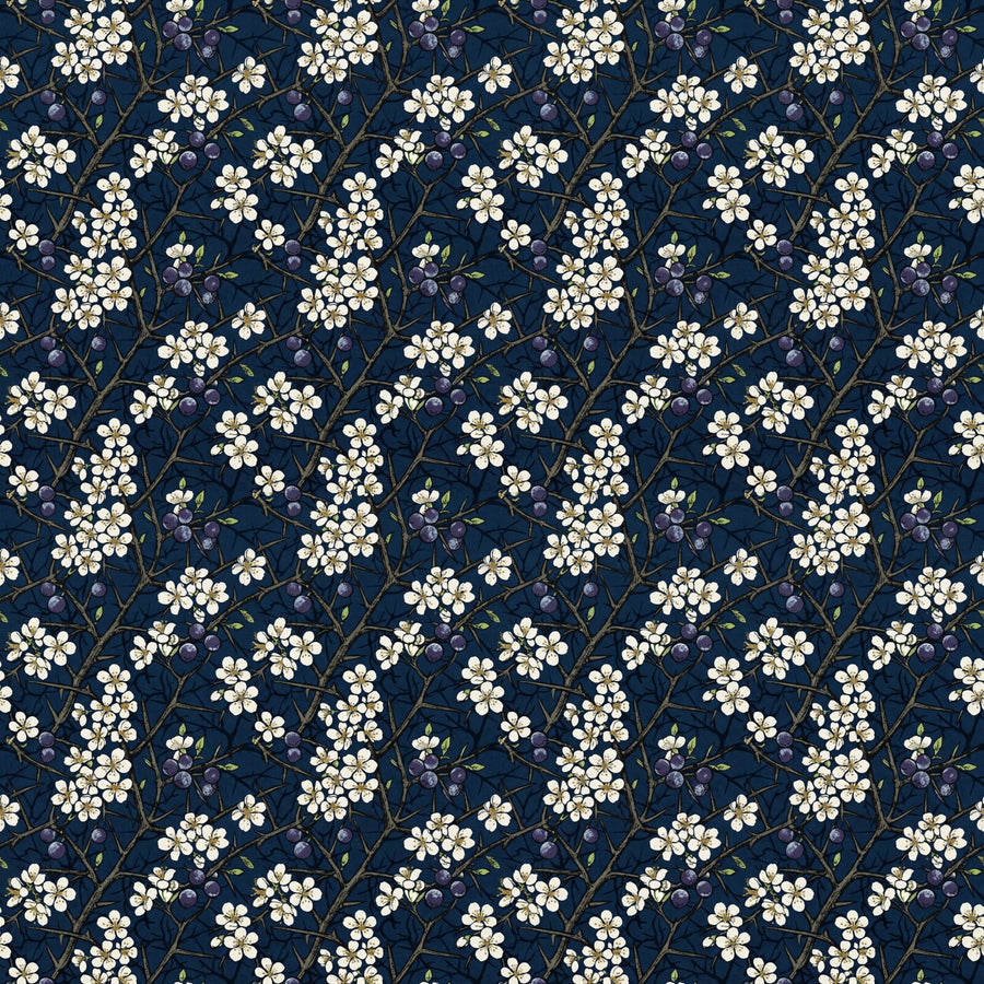 Reimagined Morris & Co. Blackthorn pattern on a deep indigo ground with white blossoms and dark berries. Made to order.