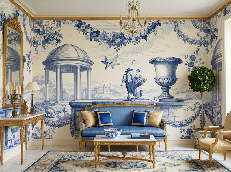 Cobalt Pastoral — Scenic Mural Wallpaper