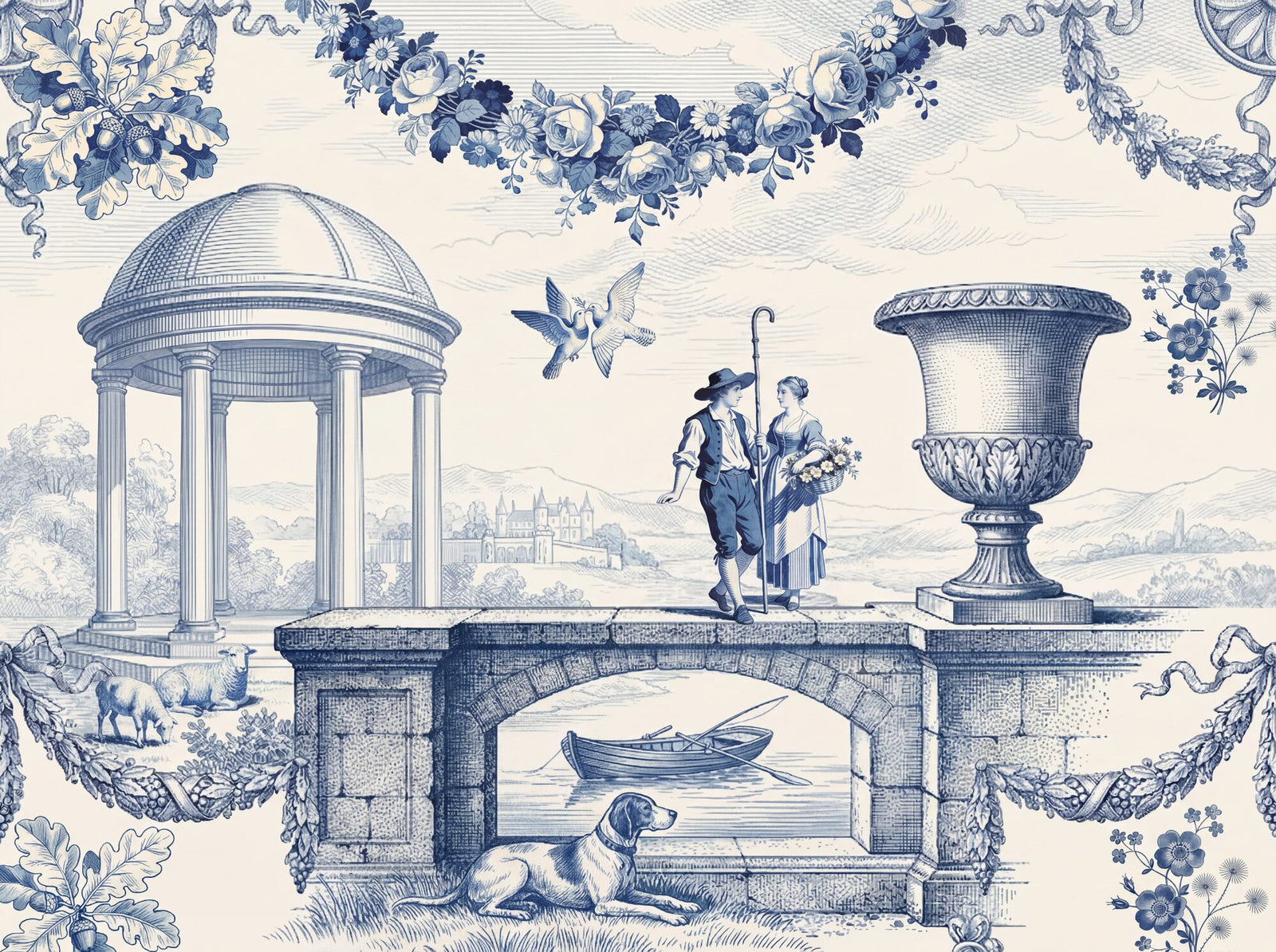 Blue cobalt toile de Jouy mural with shepherd and shepherdess at a stone bridge, a French chateau in the middle distance, garland swags, a hunting dog, and a classical urn on warm cream ground