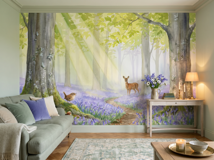 Bluebell Cathedral scenic wallpaper mural on the feature wall of an English-country bedroom, in a cool blue palette — The Wall Shawl.