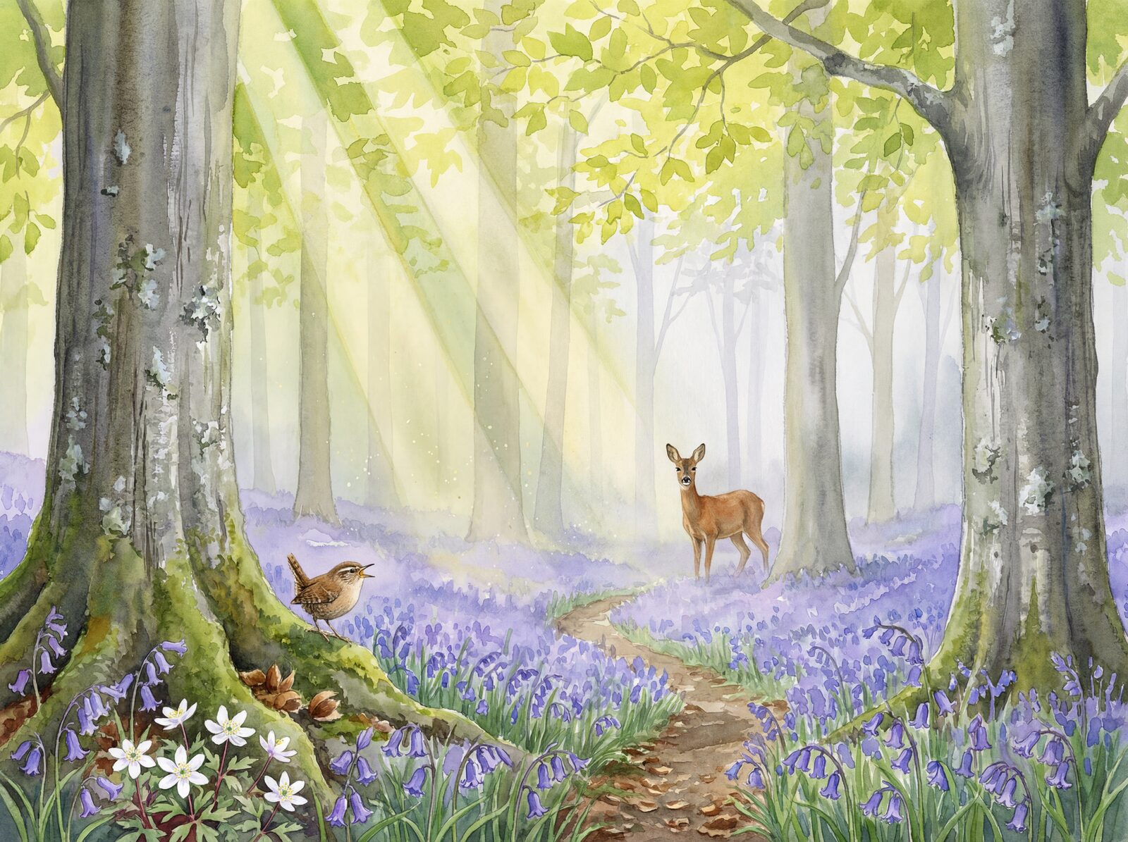Scenic mural wallpaper in Bluebell Violet, Canopy Green, and Filtered Gold. Made to order.