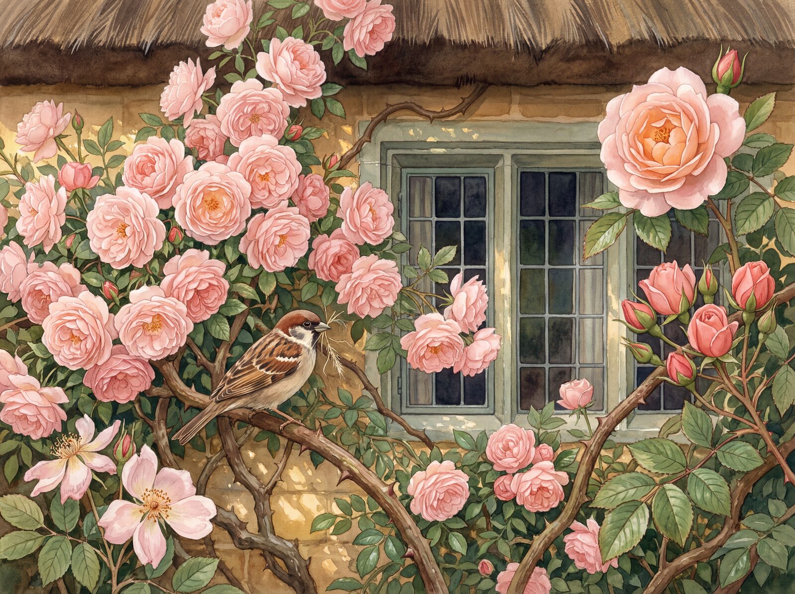 Immersive rose-covered cottage scene with Cottage Stone, Compassion Blush, and Leaf Cascade hues. Made to order.