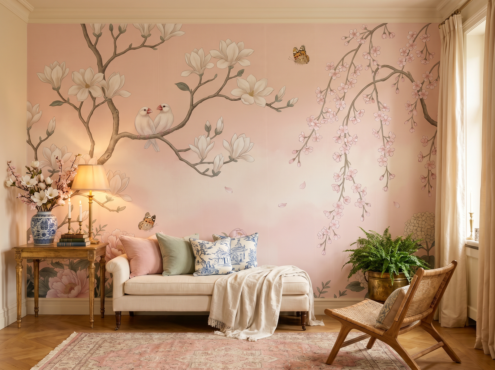Blush Chinoiserie scenic wallpaper mural on the feature wall of a chinoiserie living room, in a soft grey palette — The Wall Shawl.