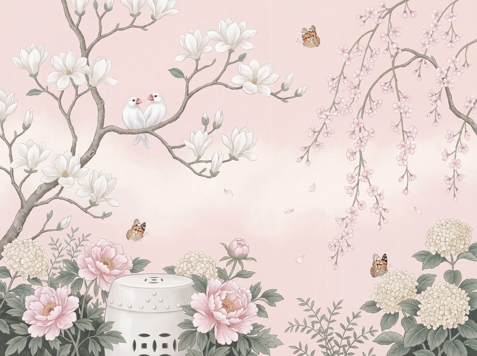 Scenic mural wallpaper with Blush Silk, Porcelain White, and Pale Sage. Made to order.