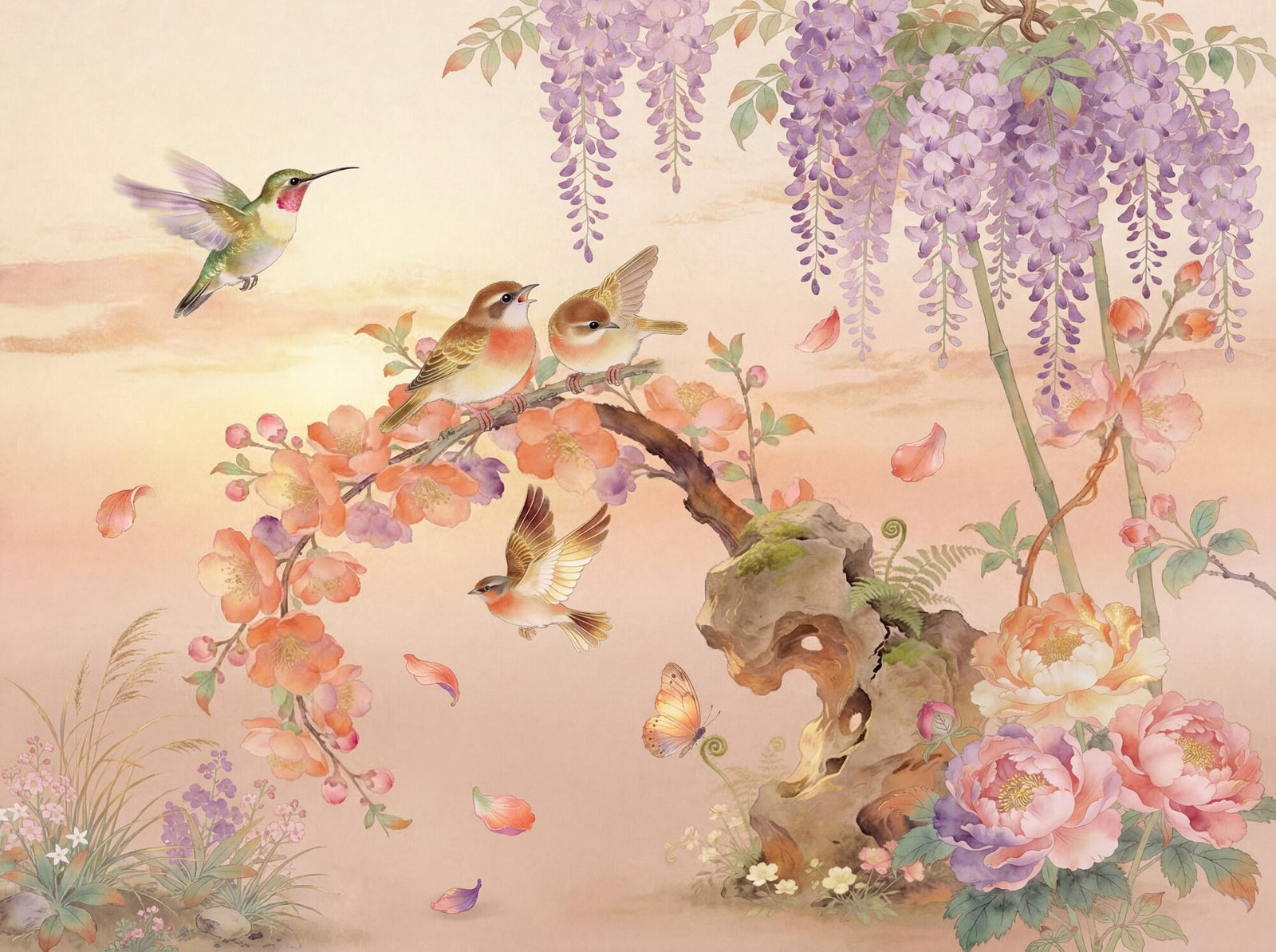 Chinoiserie scenic mural: peach blossom branch with finches, wisteria cascade, hummingbird and falling petals on a warm blush silk ground at dawn