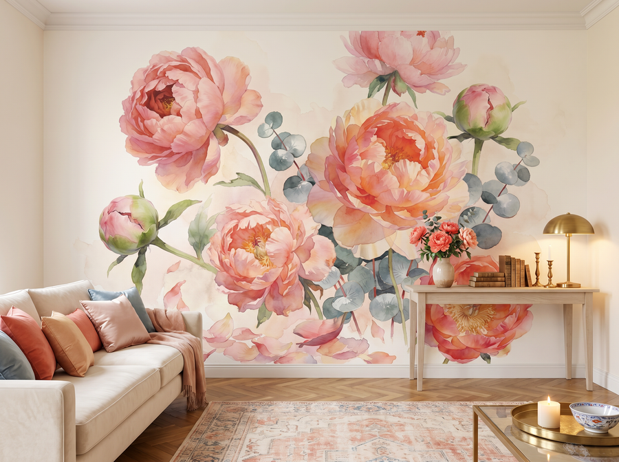 Blush Drift scenic wallpaper mural on the feature wall of an English-country bedroom, in a soft grey palette — The Wall Shawl.