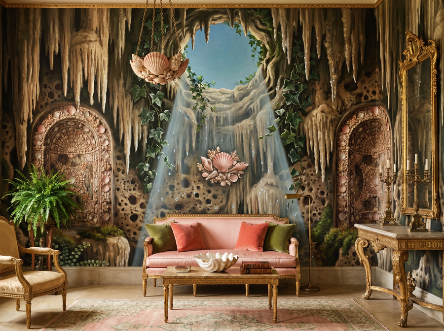 Boboli Grotto scenic wallpaper mural on the feature wall of a Mediterranean bathroom, in a soft grey palette — The Wall Shawl.