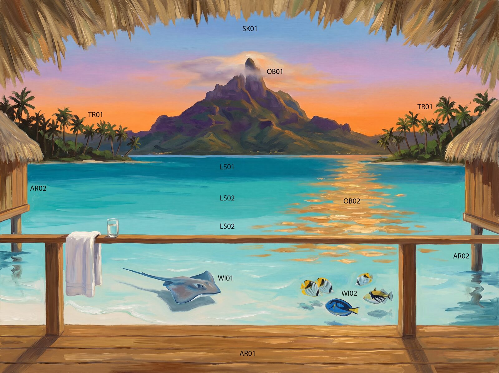 Scenic mural wallpaper in Shallow Aqua, Lagoon Turquoise, and Sunset Gold. Made to order.