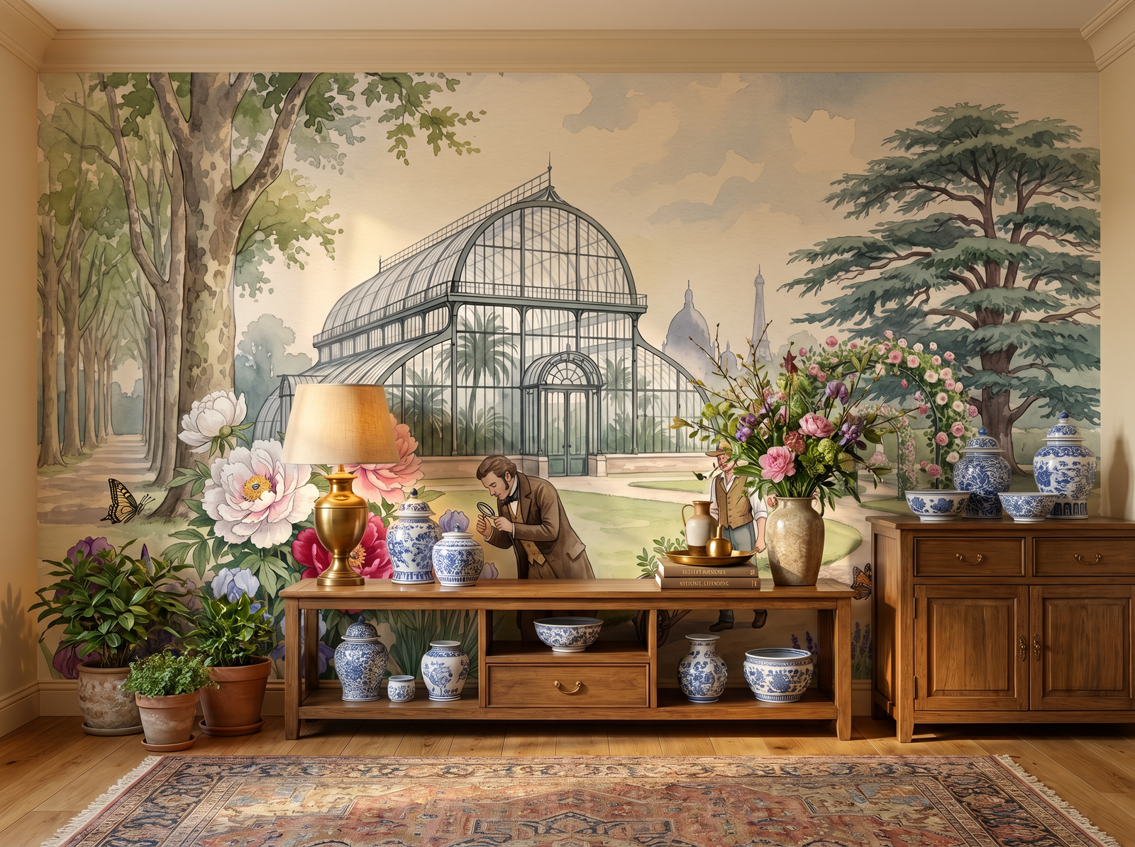 Botanical Garden scenic wallpaper mural on the feature wall of an English-country living room, in a soft grey palette — The Wall Shawl.