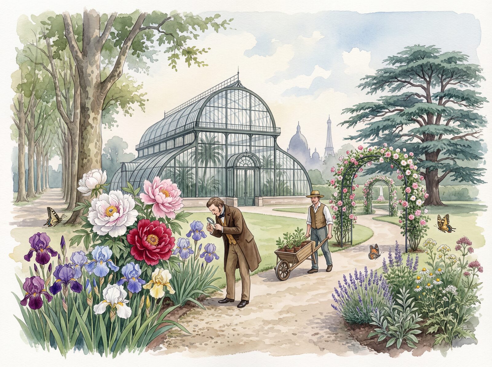 Scenic mural wallpaper in Botanical Green, Peony Pink, and Iris Purple. Made to order.