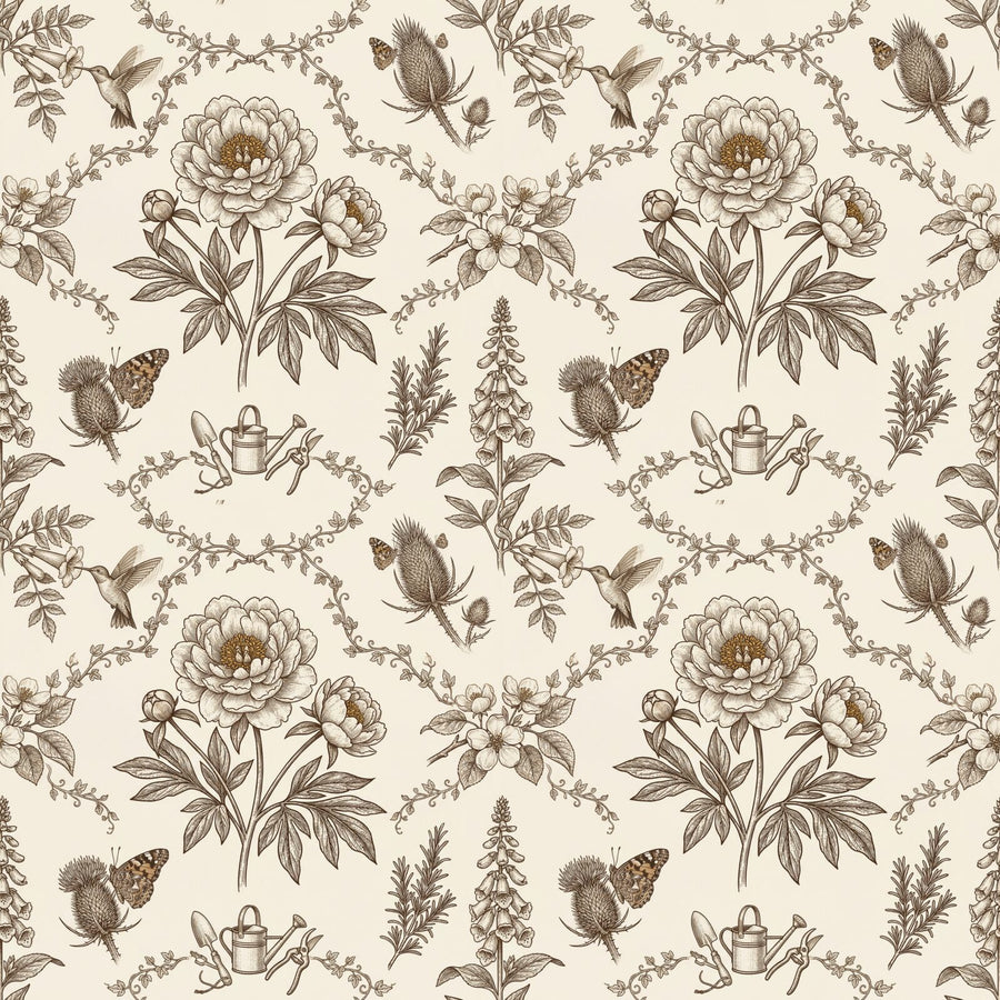 A precise botanical garden in sepia and cream. Made to order for a perfect fit, printed on premium matt non-woven paper.