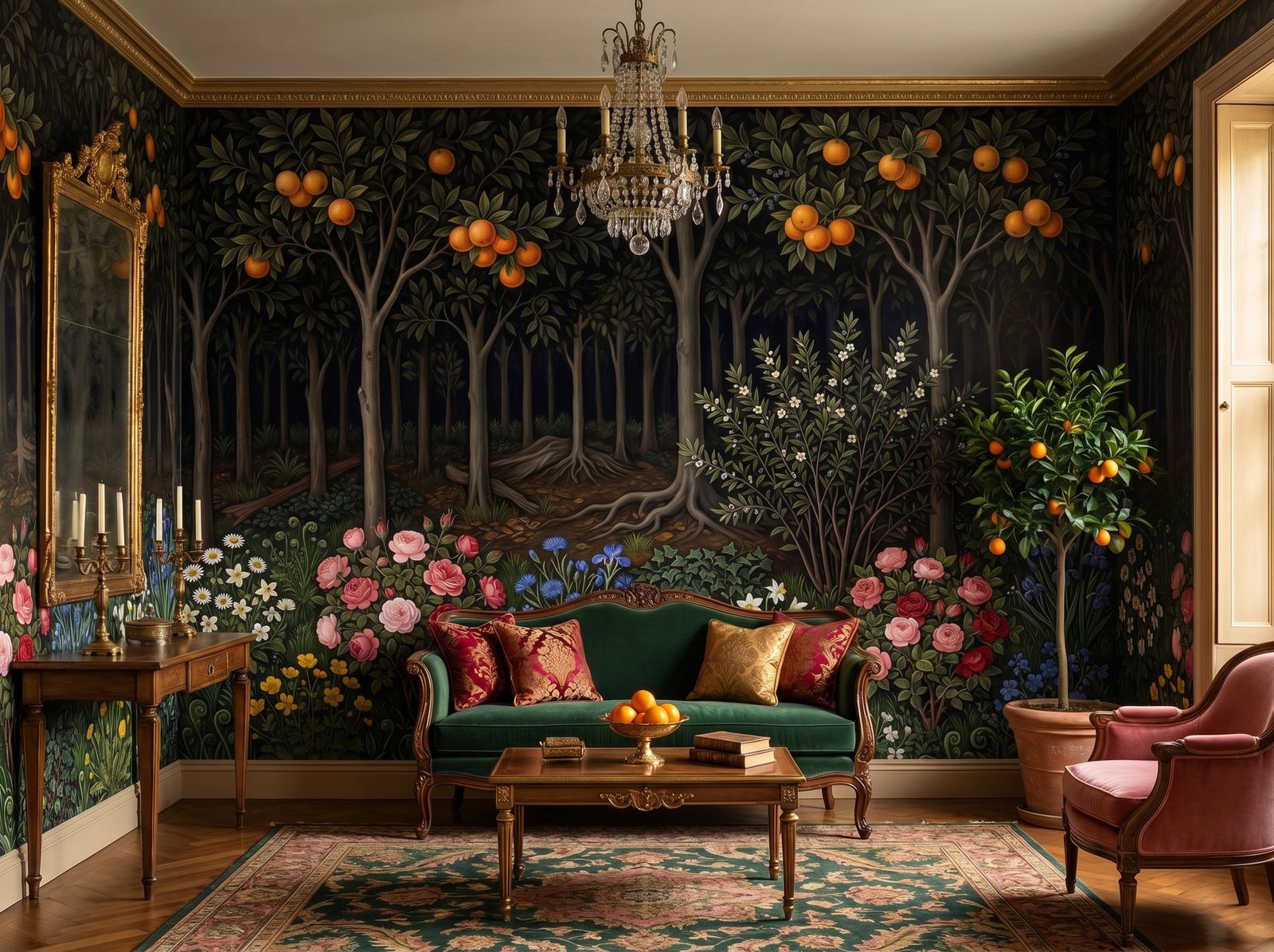 Botticelli Garden scenic wallpaper mural on the feature wall of a traditional bedroom, in a verdant green palette — The Wall Shawl.