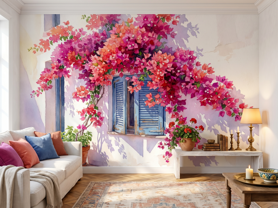 Bougainvillea Spill scenic wallpaper mural on the feature wall of an English-country bathroom, in a soft grey palette — The Wall Shawl.