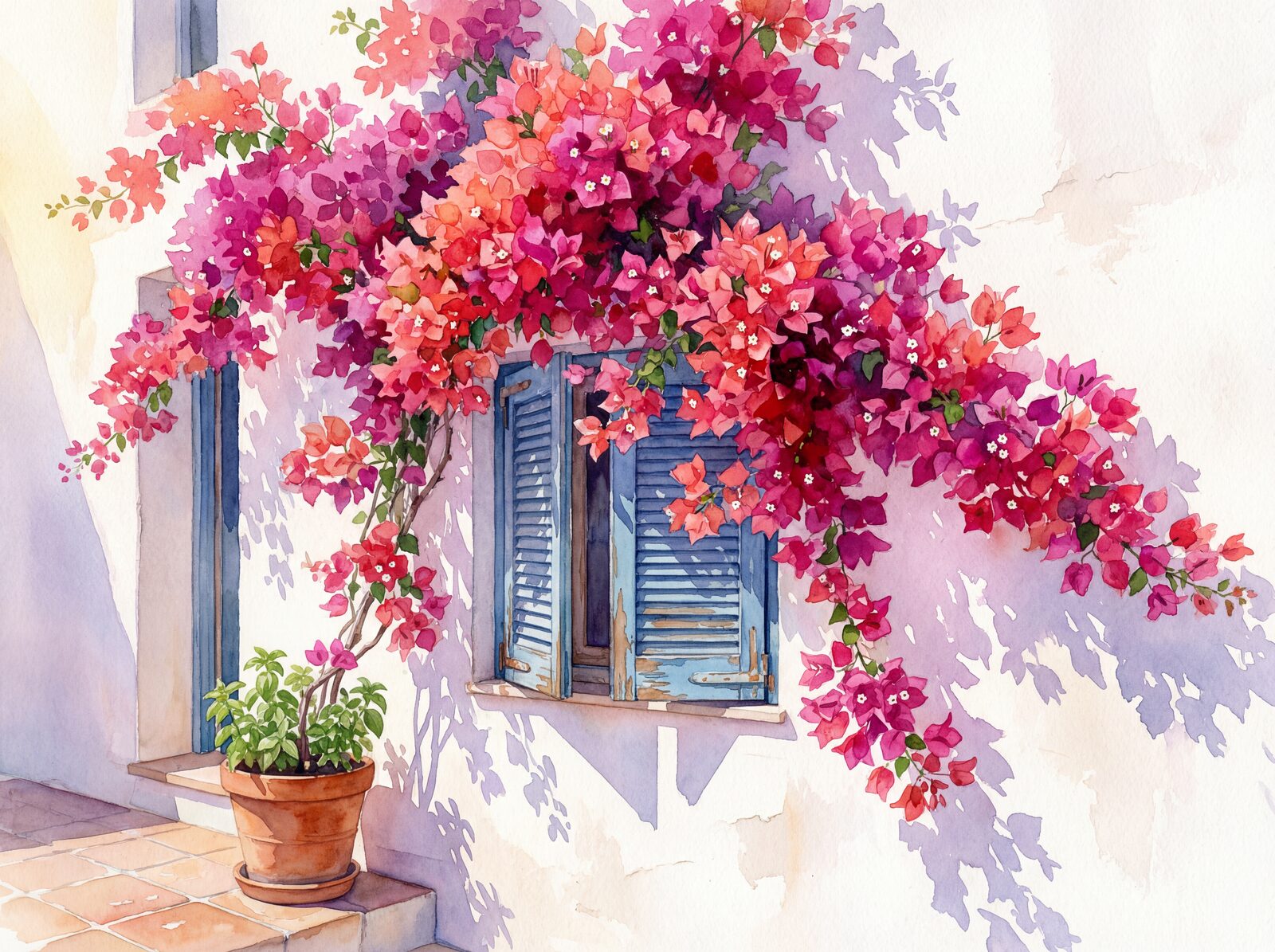 Immerse yourself in the vibrant Bougainvillea Spill mural, a vivid cascade of magenta, pink, and coral against a whitewashed Mediterranean wall. Made to order.