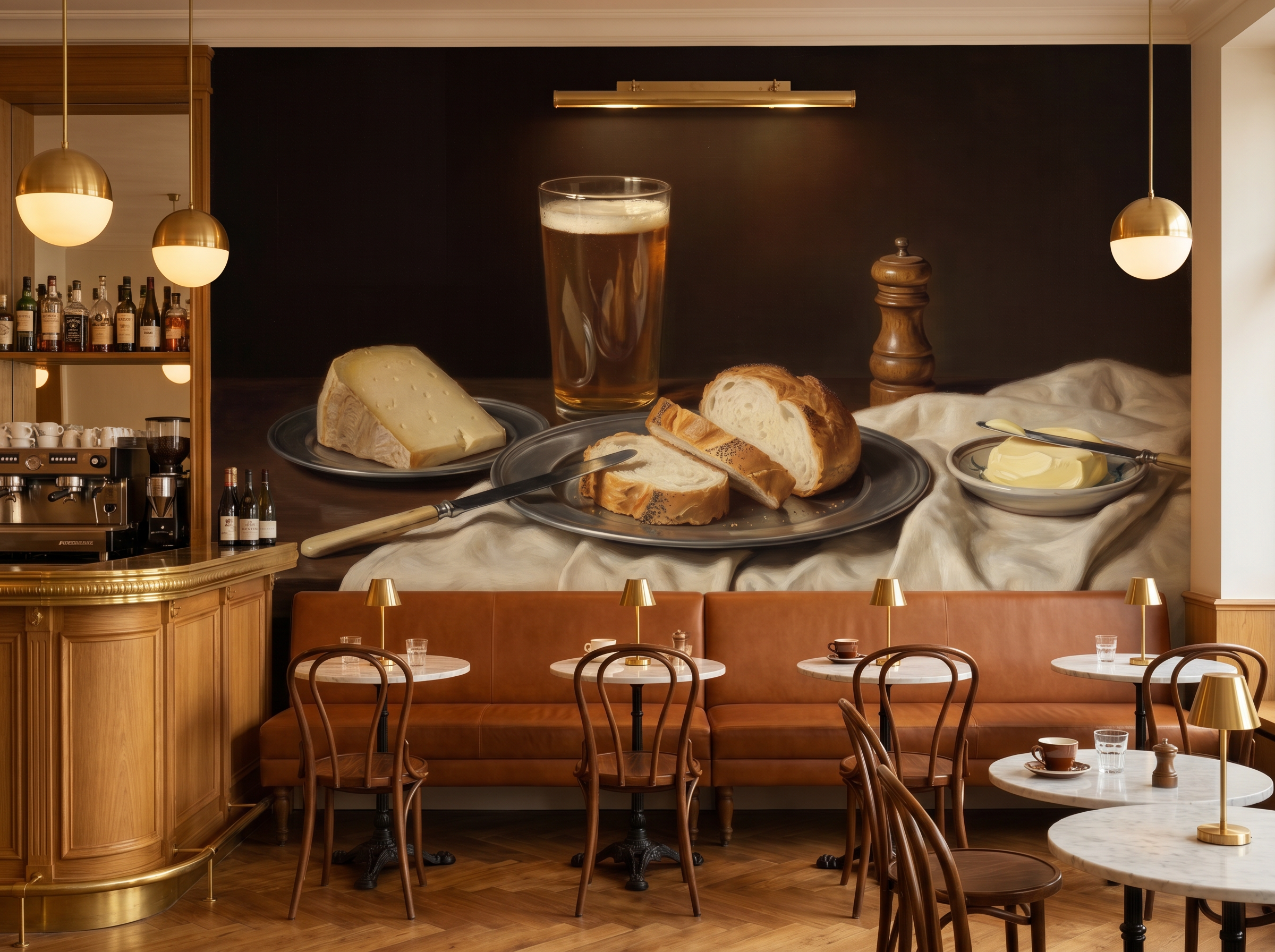 Breakfast Piece scenic wallpaper mural on the feature wall of a grandmillennial kitchen_f140837d 4e87 4749 8f20 11046d1326f3, in a soft grey palette — The Wall Shawl.