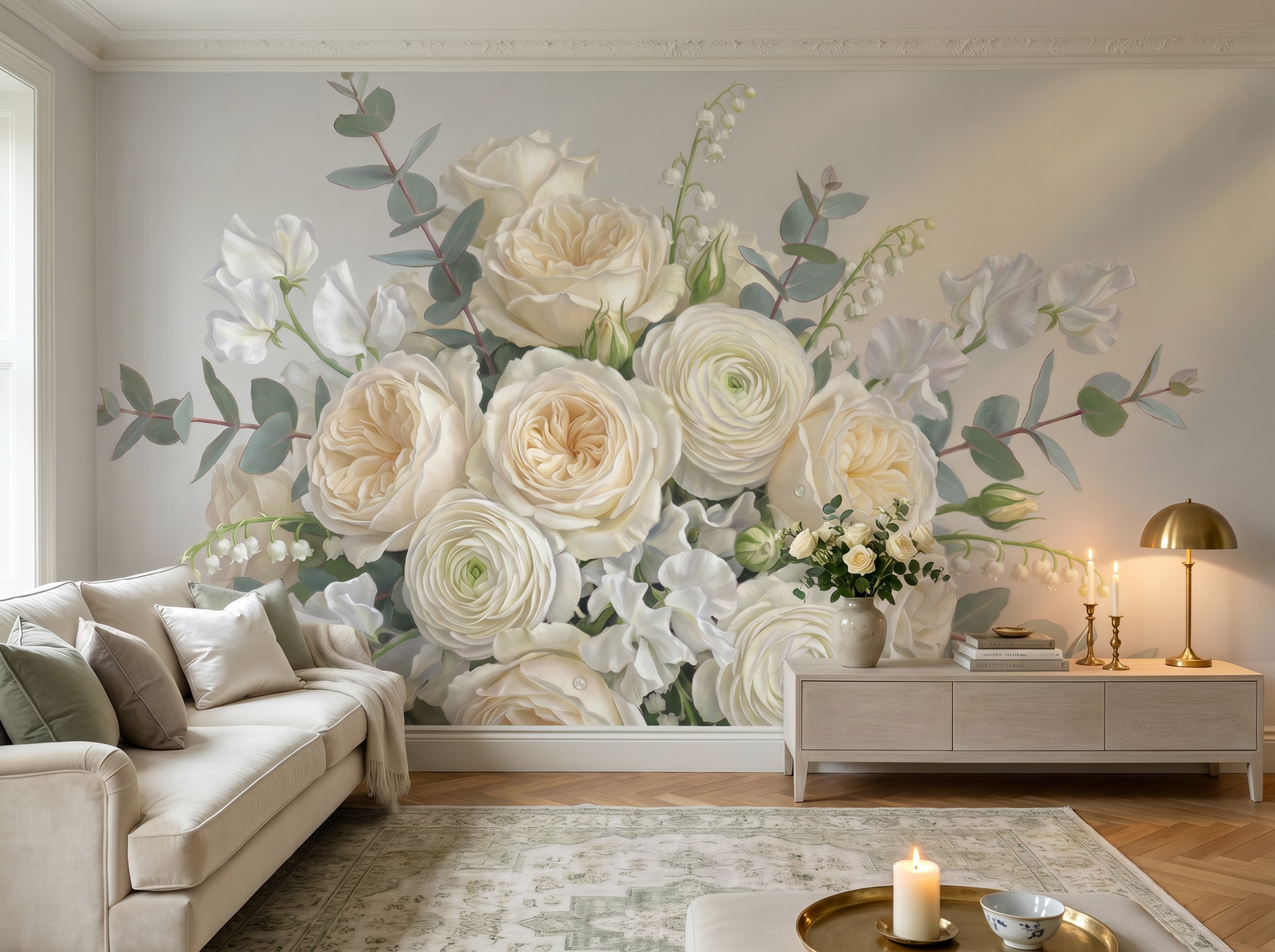Bridal Bouquet scenic wallpaper mural on the feature wall of an English-country bedroom, in a crisp white palette — The Wall Shawl.