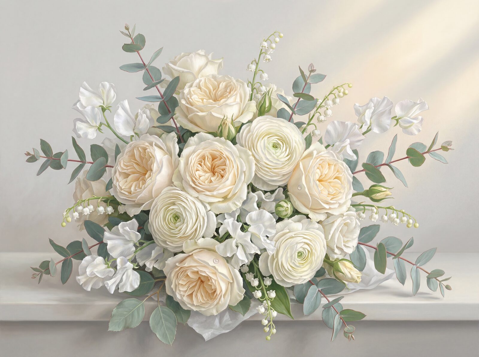 A luminous cascade of white roses, ranunculus, and sweet peas on a mist grey ground. Crafted to your wall's precise measurements. Made to order.