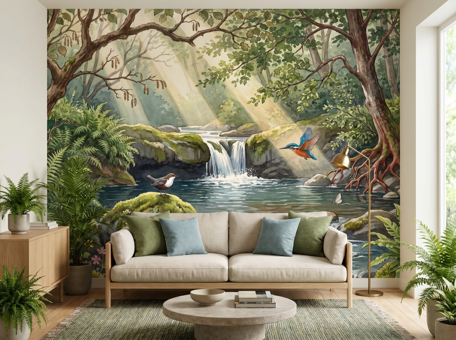 Brook Landscape scenic wallpaper mural on the feature wall of an English-country bathroom, in a cool blue palette — The Wall Shawl.