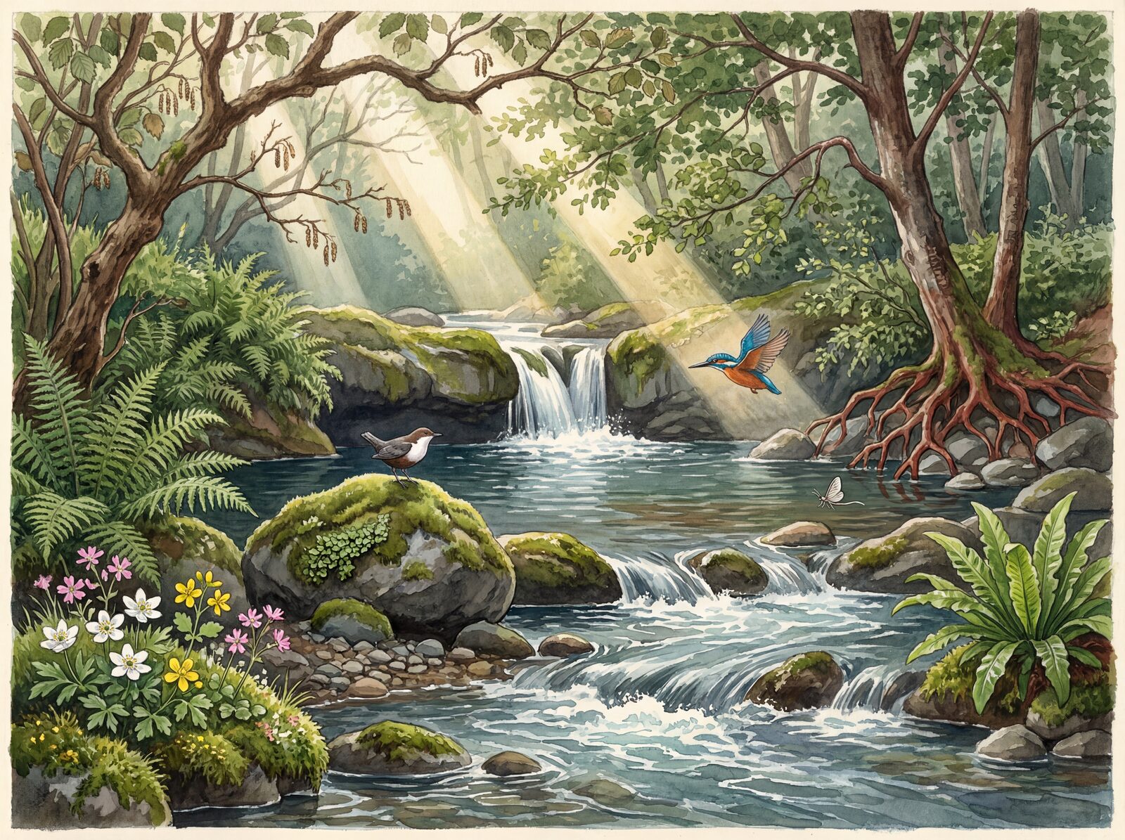 Scenic mural wallpaper featuring a wild English valley with Brook Clear, Moss Rock, and Fern Deep hues. Made to order.