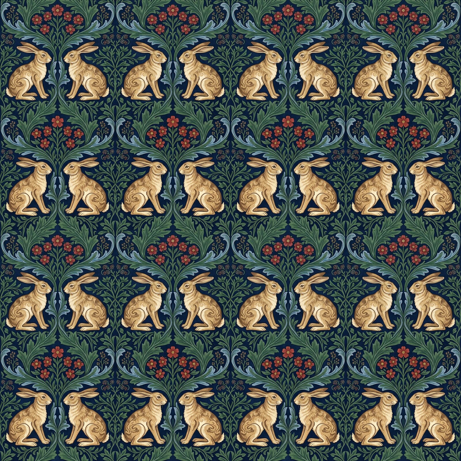 A tranquil mural featuring watchful rabbits nestled in acanthus foliage, in indigo, buff, and green. Made to order.