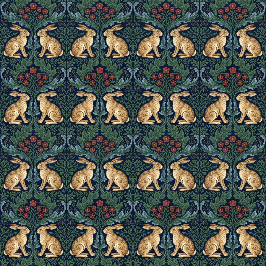 A tranquil mural featuring watchful rabbits nestled in acanthus foliage, in indigo, buff, and green. Made to order.