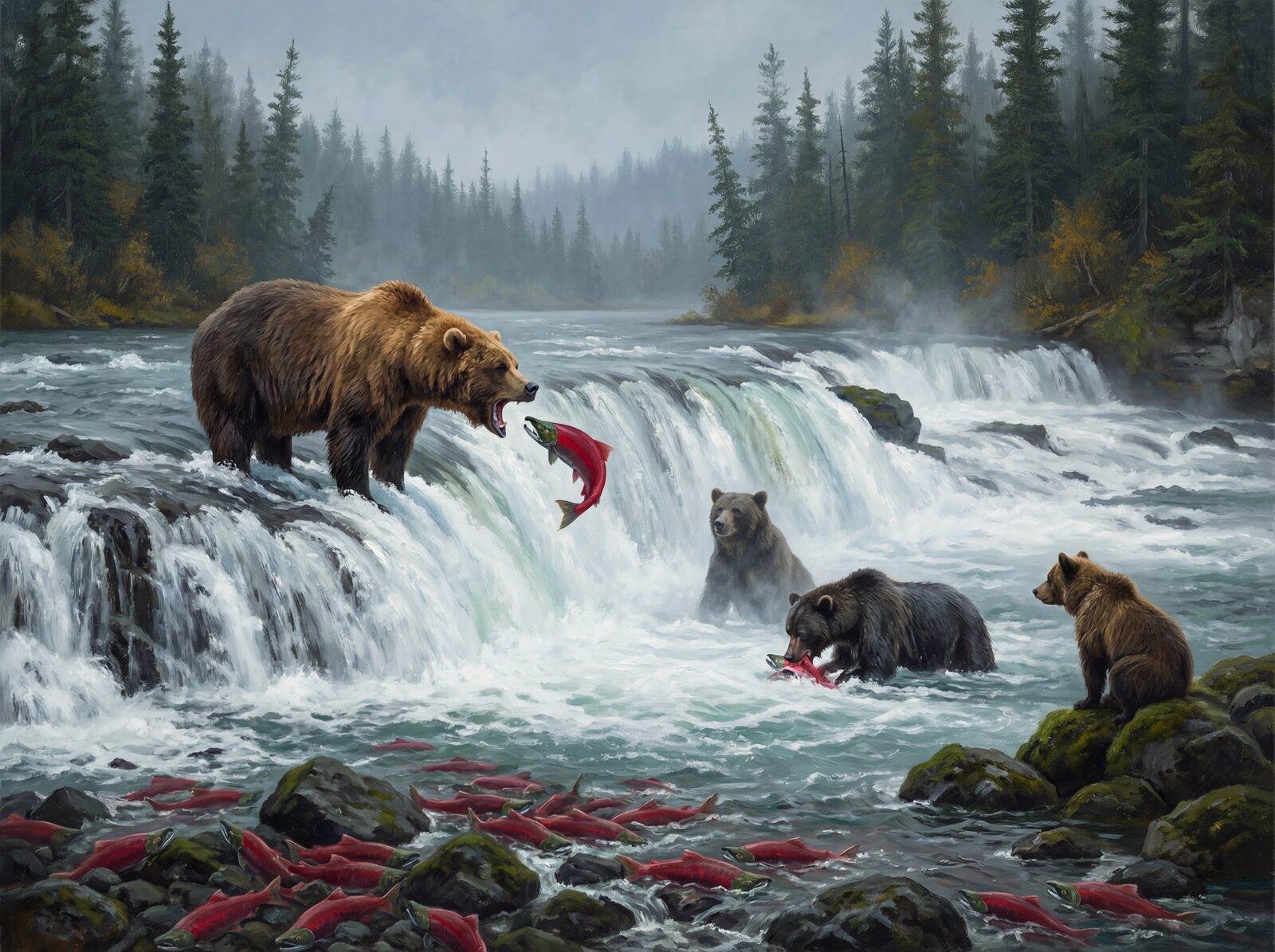 Scenic mural wallpaper featuring a grizzly bear fishing, with palette of chocolate-brown, honey, crimson, and grey-green. Made to order.