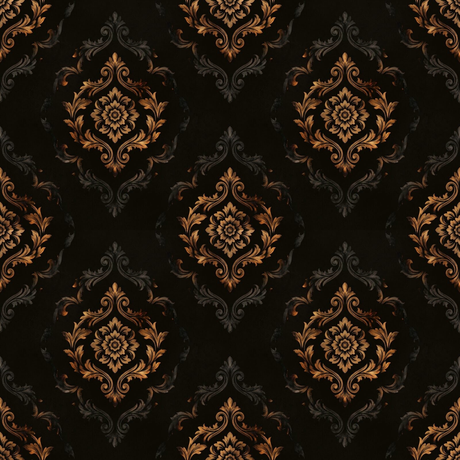 Witness the dramatic beauty of a classical damask transformed by fire. Featuring scorched ambers, singed bronzes, and carbon black. Made to order.