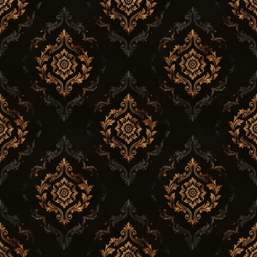 Witness the dramatic beauty of a classical damask transformed by fire. Featuring scorched ambers, singed bronzes, and carbon black. Made to order.