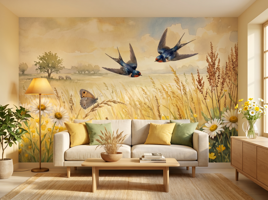 Buttercup Field scenic wallpaper mural on the feature wall of an English-country living room, in a golden yellow-and-ochre palette — The Wall Shawl.