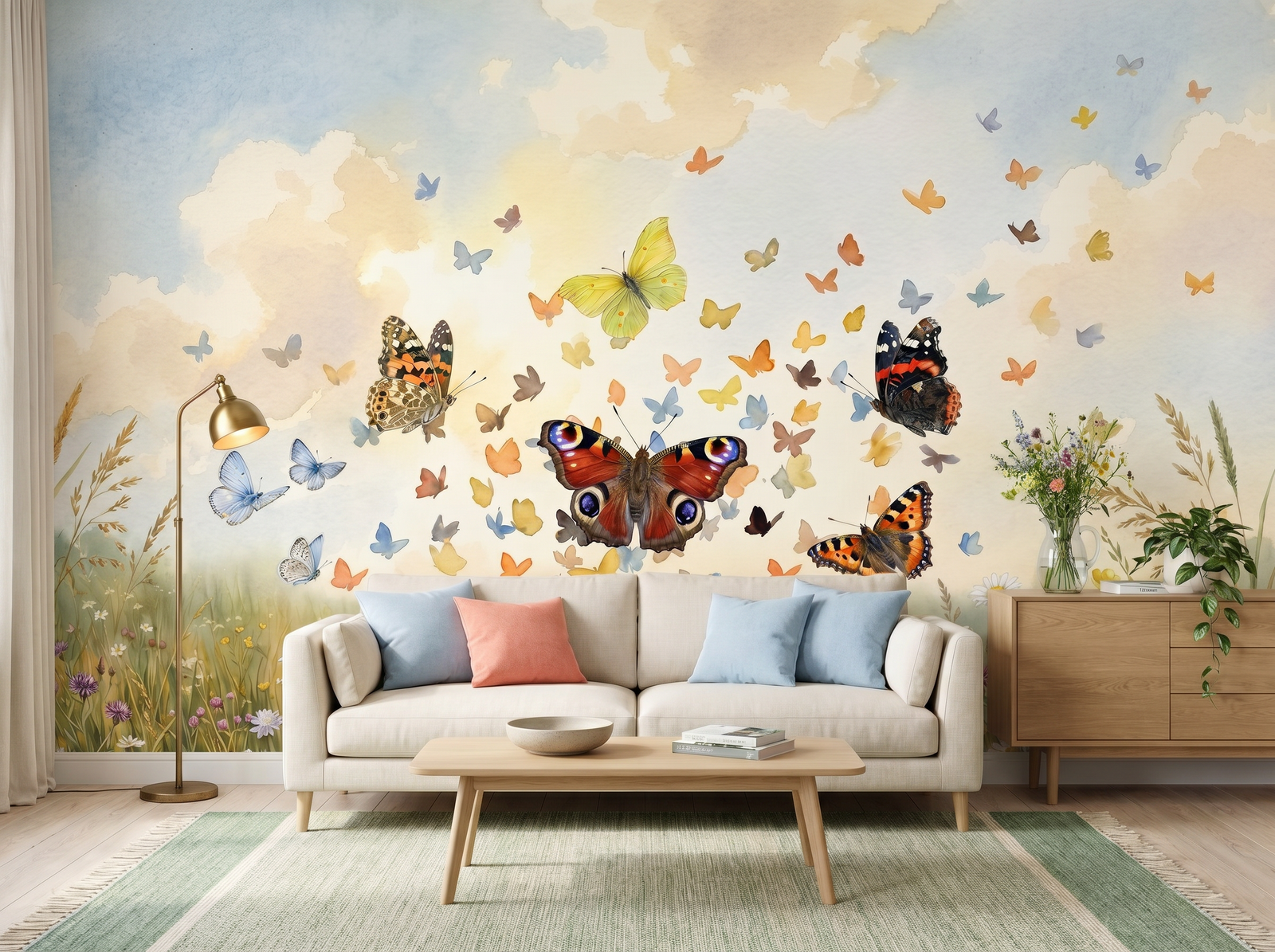 Butterfly Cloud scenic wallpaper mural on the feature wall of an English-country bedroom, in a cool blue palette — The Wall Shawl.