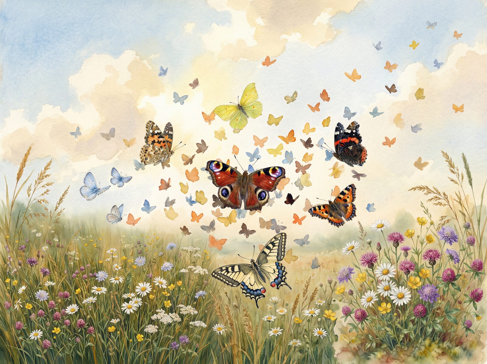Vibrant mural wallpaper featuring British butterflies in flight, with a palette of orange, red, blue, and yellow. Made to order.