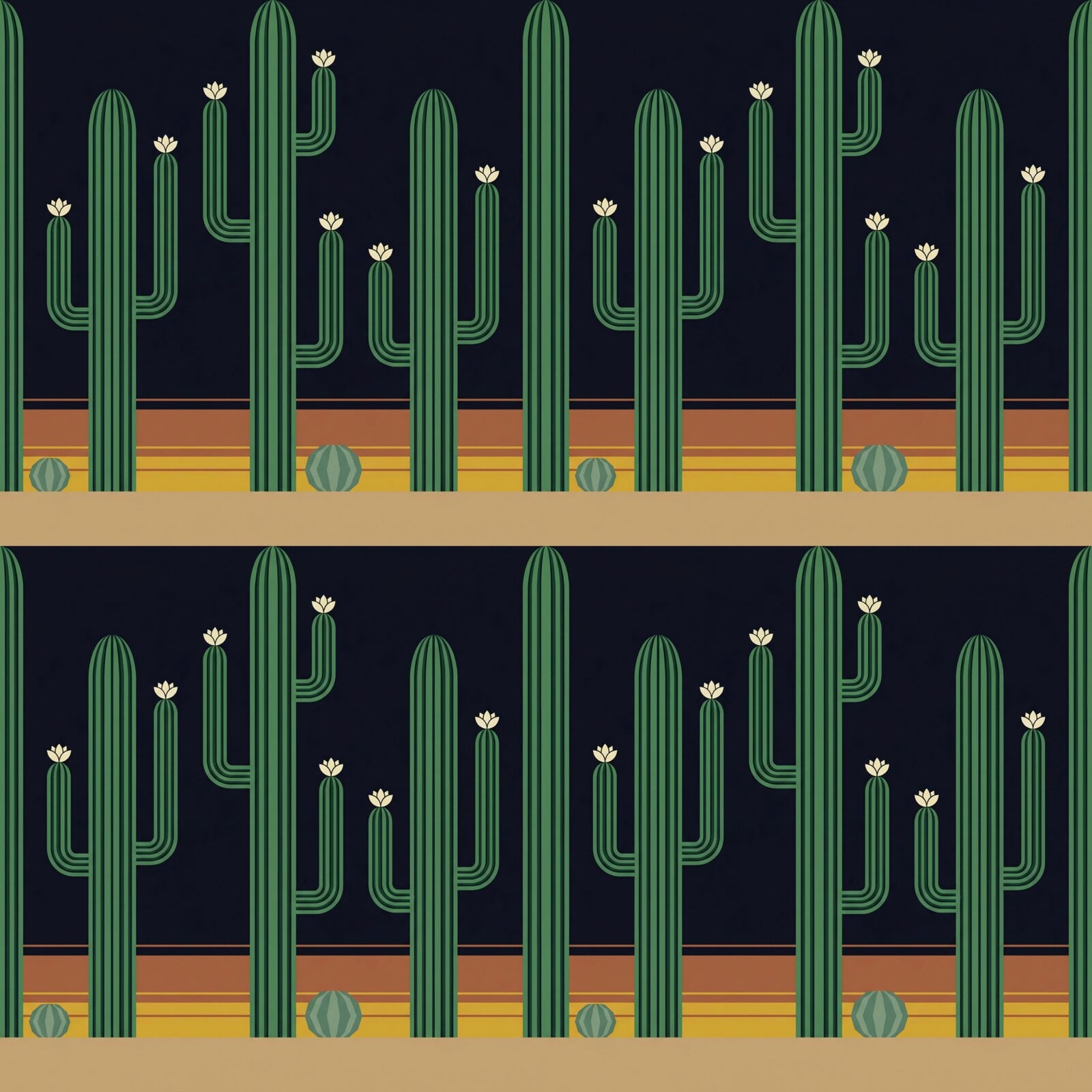 Stylised saguaro cacti in Art Deco style, with Desert Night, Cactus Green, and Sunset Gold hues. Made to order.