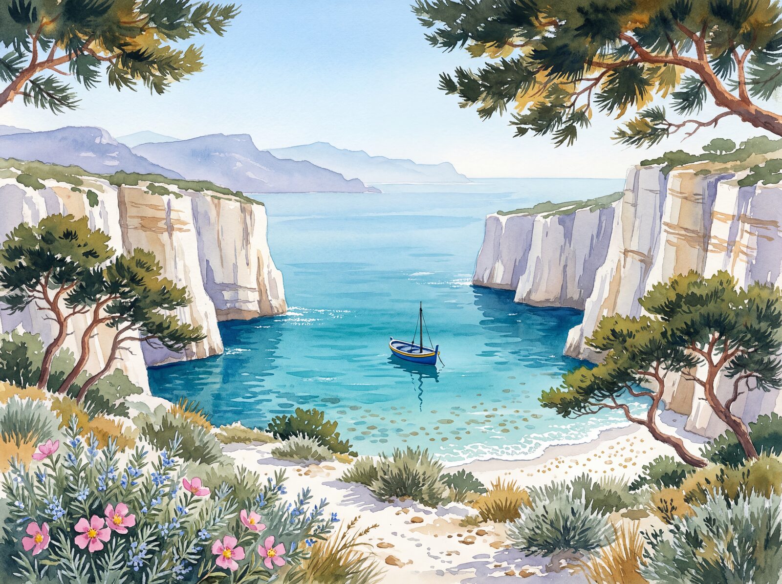 Scenic mural wallpaper with Turquoise Deep, Limestone White, and Pine Dark hues. Made to order.
