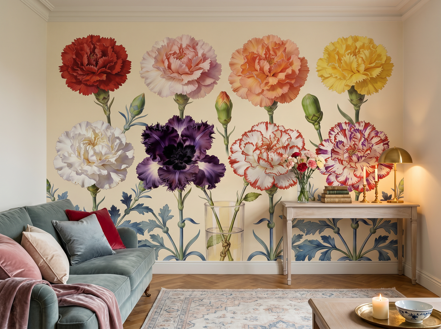 Carnation Spectrum scenic wallpaper mural on the feature wall of an English-country cloakroom, in a rich red-and-burgundy palette — The Wall Shawl.